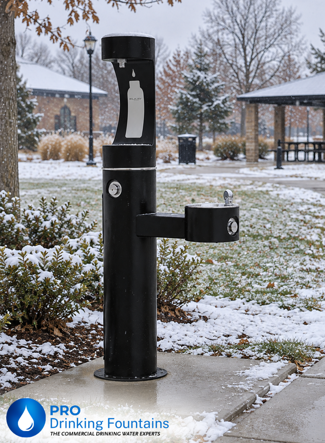 Elkay freeze-resistant outdoor bottle filling station in a winter park setting
