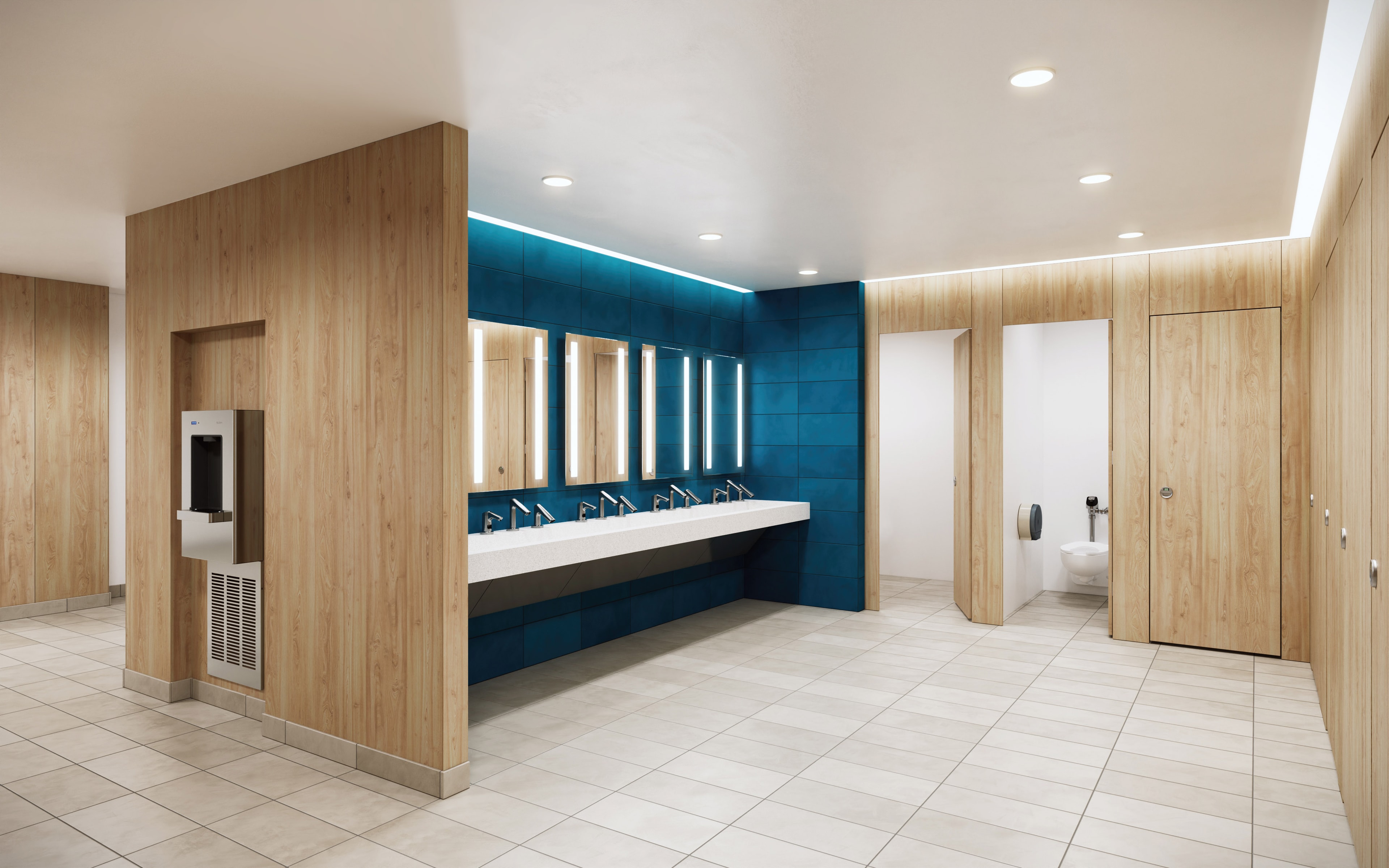 Modern academic center restroom with blue accents